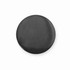 A round black button badge featuring a smooth, glossy surface and branding on one side.