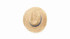 A straw hat in natural brown with a blue band, featuring a round shape and textured surface, and a logo.