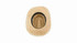 A straw hat in a natural colour with a wide brim and a dark trim, featuring a logo on the inside.