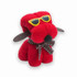 A plush, red dog figurine with sunglasses and a brown bow tie. It features a soft texture and playful design.