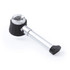 A magnifier with a black and silver design, featuring a circular lens and an ergonomic handle.