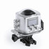 A panoramic action camera in a transparent housing, featuring buttons and a mounting bracket, predominantly clear in colour.