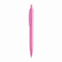 A pink plastic pen with a smooth finish, featuring a clip and a pointed tip. It includes a logo.