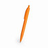 An orange plastic pen with a clip and a rounded body. It features a logo on its surface.