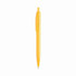 A plastic pen in bright yellow with a clip and a ballpoint tip. It features a logo on the barrel.