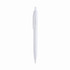 A plastic pen in white with a clip and a logo on the barrel.