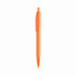 An orange plastic pen with a clip and a pointed tip. It features branding on the barrel.