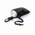 A black drawstring bag featuring a clip and a white rolled item inside. The bag has a pull cord for closure.