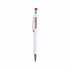 A white metal pen with a red rubber tip and a branded design.
