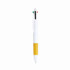 A plastic pen in white with a yellow grip and red and green accents, featuring a logo.