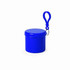 A blue container with a lid and a loop for attachment. It has a shiny finish and a simple design.