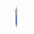 A blue pen with a white clip and tip, featuring a simple design and a branding logo.