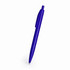 A blue plastic pen with a clip and a streamlined design, featuring a logo on its body.