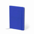 A blue notebook with a textured cover, featuring an elastic band and a ribbon bookmark. It has a logo on the front.