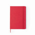 A red notebook with a textured cover, featuring an elastic band closure and a matching bookmark.