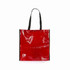 A red tote bag with black handles and a logo at the bottom. The bag has a glossy finish.