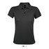 A black women's polo shirt made from 65% polyester and 35% ring-spun cotton, featuring a logo.