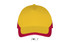 A five-panel cap featuring a bright yellow crown and red contrasting peaks, with a logo displayed on the front.