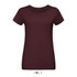 A women's round neck T-shirt in a deep burgundy shade, made from 100% semi-combed ring spun cotton, featuring a logo.