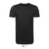 A men's black long-length T-shirt with a rounded neckline. It features a brand logo.