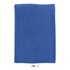 A blue hand towel made of 400gsm cotton, measuring 30cm x 50cm, featuring a logo.