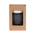 A reusable coffee cup featuring a flip lid and a grey RPET band, packaged in a simple cardboard box.