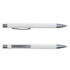 A white pen with a silver clip and tip, featuring a sleek design and branding on its surface.
