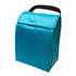 A turquoise cooler bag with a handle and flap closure, featuring a glossy finish. It has branding on the front.