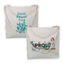 A canvas tote bag featuring two designs: one with coral graphics and text, the other depicting gardening themes and text.