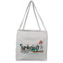 A light-colored tote bag featuring a design with a logo, illustrations of plants, and a character holding gardening tools.
