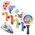 A set of paddles in various colors with balls, featuring different logos and designs, packaged in a mesh carrying bag.