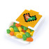 A box of jelly beans in green, yellow, and orange colors, with a branding logo on the packaging.