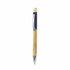 A bamboo pen with a navy blue grip and a chrome clip, designed for writing.
