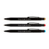 Three stylus pens in black with coloured stylus tips—gold, red, and blue—each featuring a logo.