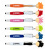 A variety of stylus pens in red, orange, green, blue, white, and black with pom-pom toppers and branding.