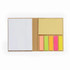 A notepad set featuring white sheets, a yellow note section, and bright pink, green, and orange sticky tabs. It has a logo.