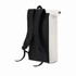 A backpack in black and white with adjustable straps and a logo.