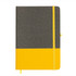 A grey and yellow A5 notebook with a flexible cover and an elastic closure, featuring a logo.