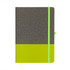 A grey and neon green A5 notebook with a textured cover, featuring an elastic band and a bookmark ribbon.