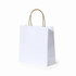 A white recycled paper bag with brown handles, featuring a simple design and a logo.