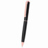 A metal pen set in black with rose gold accents, featuring a logo on the barrel.
