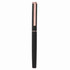 A sleek black metal pen with a rose gold clip and accents, featuring a logo on its body.