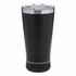 An insulated cup speaker in black with a clear lid and a silver band at the top, featuring a logo on the base.