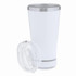 An insulated cup speaker in white with a silver band and a transparent lid. It features a logo on the body.