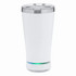 A drink bottle speaker in white with a silver top and base, featuring a built-in speaker and a small logo.