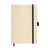 A beige A5 notebook with a black elastic band and ribbon bookmark, featuring a logo on the cover.