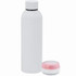 A drink bottle in white alongside a small speaker with a pink and silver design, featuring a logo.