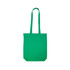 A green cotton long handle bag is presented. The bag features sturdy handles and a simple, solid color design.