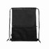 A black drawstring bag made from RPET featuring a mesh pocket and a logo.