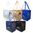 A collection of insulated cooler bags in white, gold, blue, navy, and black, featuring various logos.